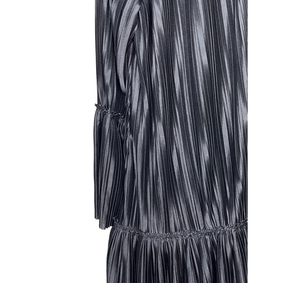 Anna Grace Small Pleated Black Satin Mini Dress V Neck Tiered Party Cocktail - Picture 9 of 12